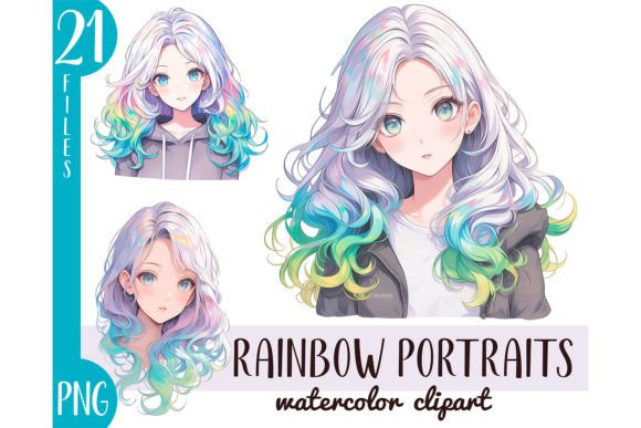 Download Watercolor Rainbow Hair Girl Anime PNG - Anime Collection