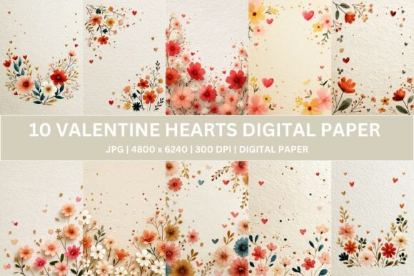 Download 10 Valentine Floral Heart Digital Paper - Digital Collection