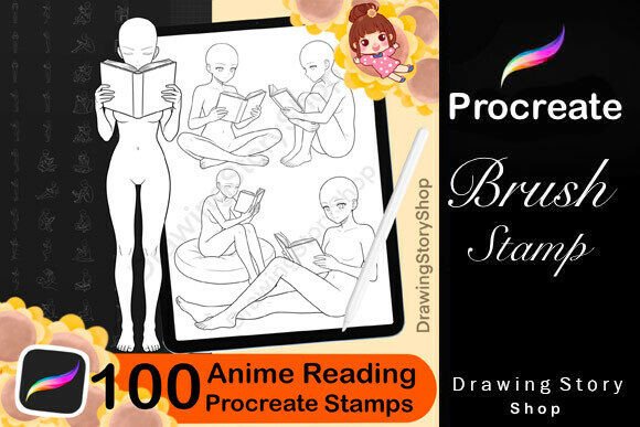 Download 100 Anime Reading Poses Procreate Stamps - Anime Collection