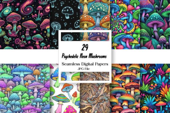Download Psychedelic Neon Mushrooms Digital Paper - Digital Collection